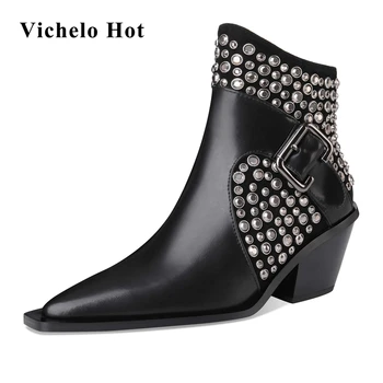 

Vichelo Hot European style plus size genuine leather small square toe thick heel rhinestone shiny elegant lady ankle boots L09