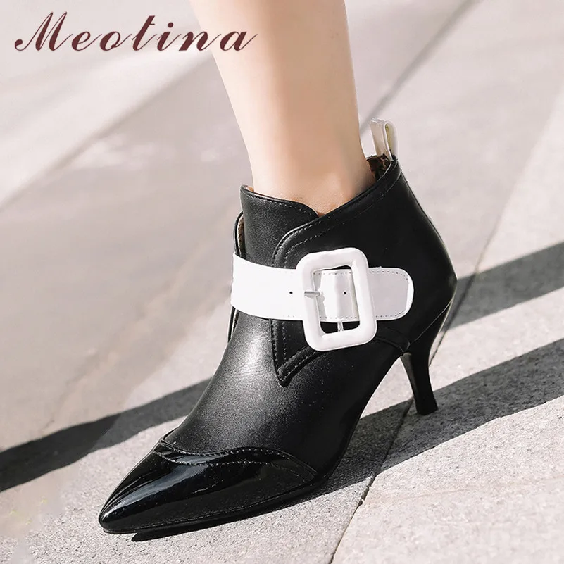 

Meotina Autumn Ankle Boots Women Boots PU Leather Thin High Heel Short Boots Buckle Pointed Toe Shoes Lady Winter Big Size 34-43