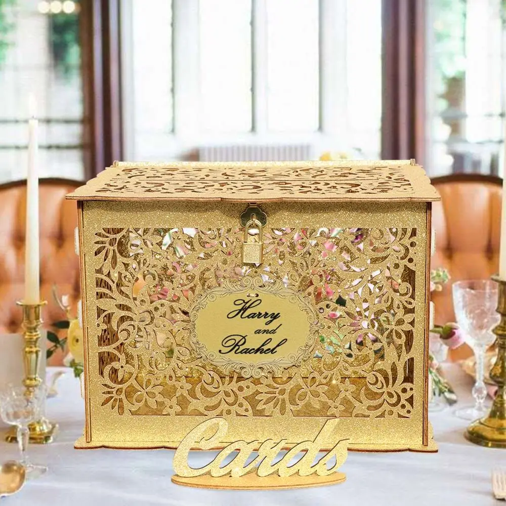 Ourwarm Glittery Gold Wedding Card Box With Lock Wood Gift Card Box