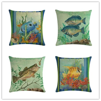 

Fish Cushion Cover Marine Life Throw Pillow Case Linen Cotton 45*45cm Decor Cojines Almofada