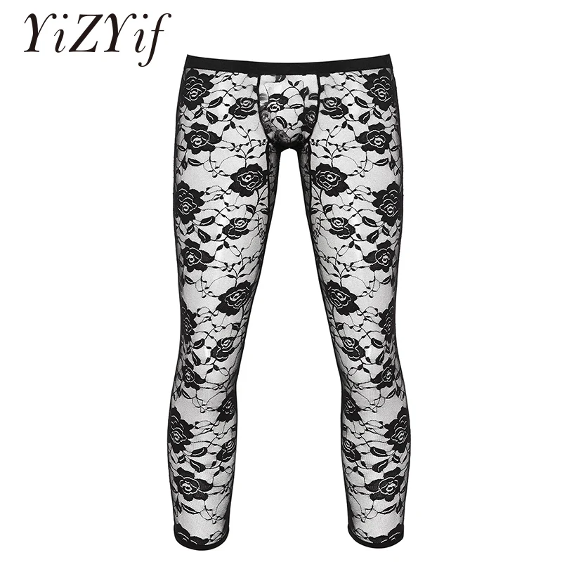 

Men Sexy sheer lace leggings pants Low Rise Bulge Pouch See Through Ankle Length Stretchy Legging Pants Footless Tights Trousers