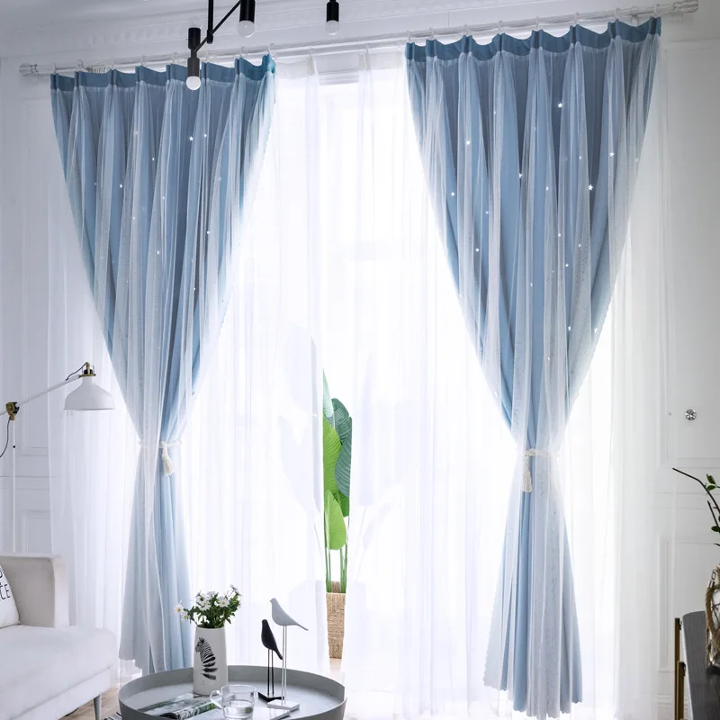 Hollow Star Double Layer Blackout Curtains For Bedroom Kids Girl Pink Sheer Window Curtains For Living Room Window Treatments