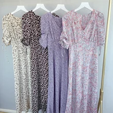 Robe trompette imprimée, col en V, taille fine, manches courtes bouffantes, Style japonais, printemps été 2021 