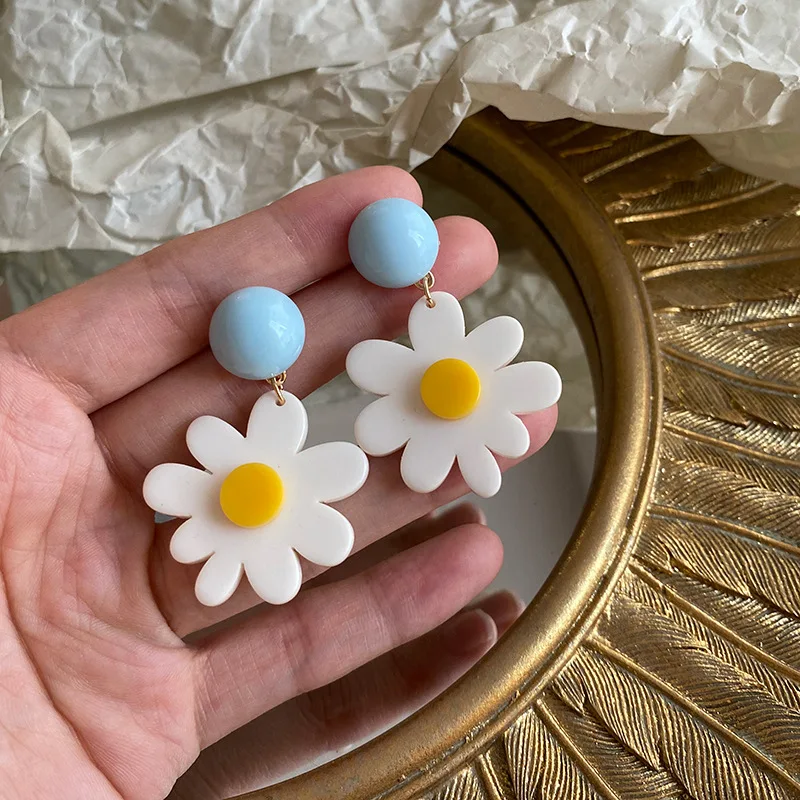 AOMU S925 Sweet Cute Acrylic Color Contrast Blue White Daisy Flower Drop Earrings for Women Girl Spring Summer Jewelry Gifts