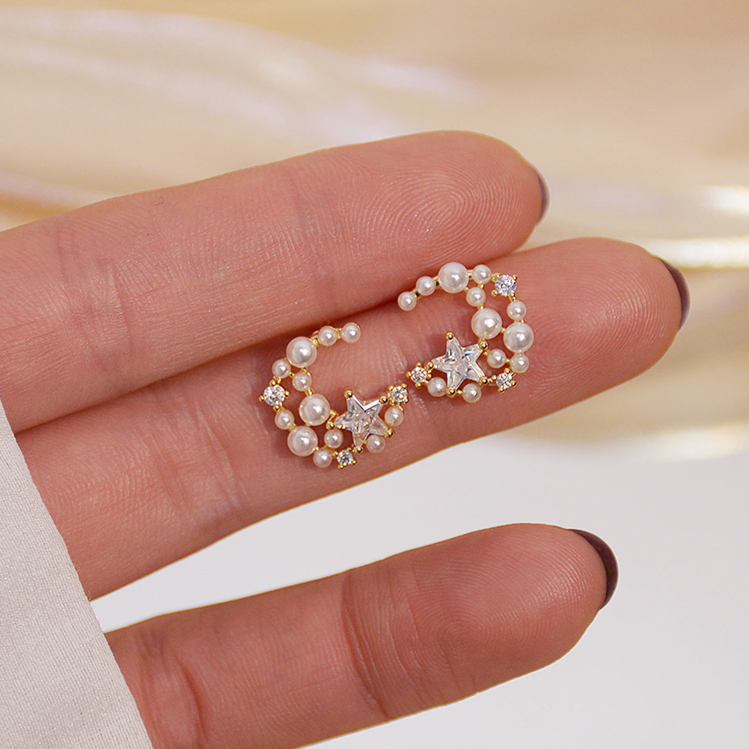 Earrings For Women Moon Pearl Zircon Star Flash Diamond 14k Real Gold Exquisite Stud Earring Pendant Korean Fashion Jewelry - Image 2