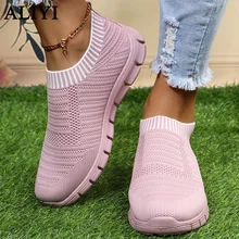 

Women's Breathable Sneakers 2022 Spring New Knitted Fabric Ladies Comfy Slip On Loafers Outdoor Running Sport Walking Flats