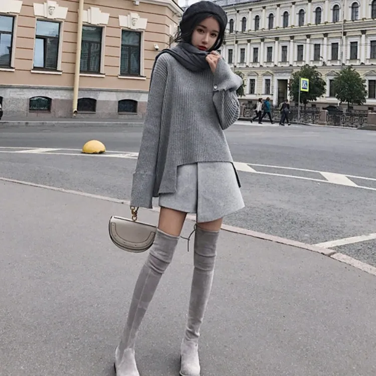Осень-зима, комплект из 2 предметов, платье-свитер, Женская офисная одежда с длинными рукавами, повседневный серый пуловер, вязаные платья, костюм одежды