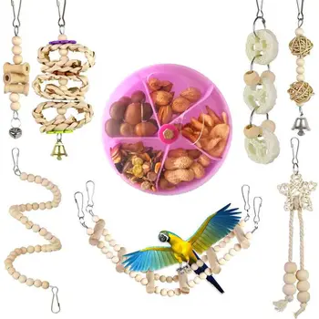 

8Pcs Bird Foraging Chewing Toy Parrot Loofah Bite Ladder Swing Seed Food Wheel