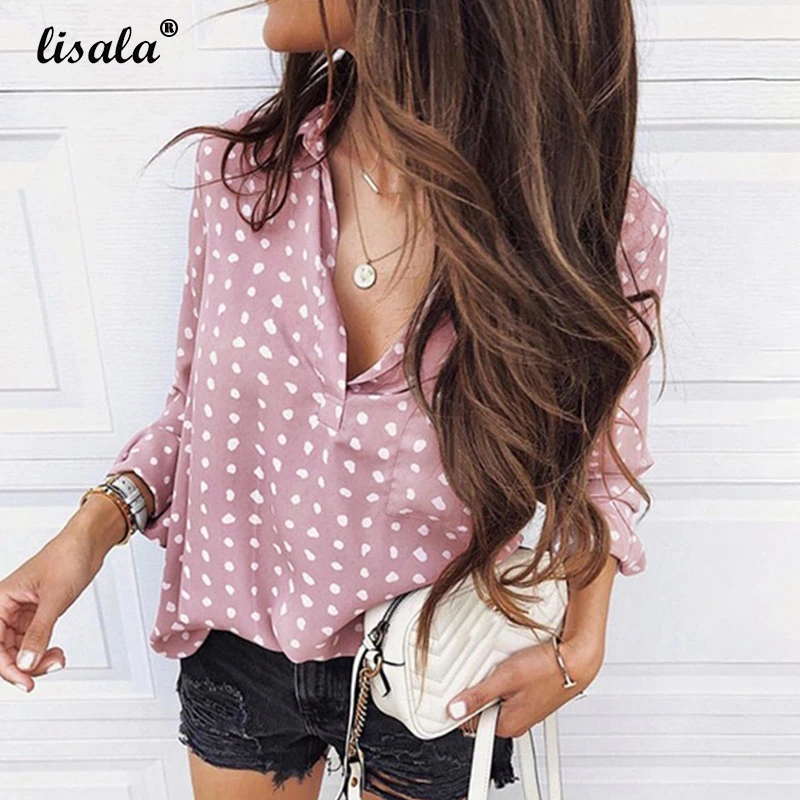 

LISALA New Women Fashion Long Sleeve Turn-down Collar Polka Dots Tunic Top Blouse Shirt Casual Button Design Blusa Plus Size 3XL