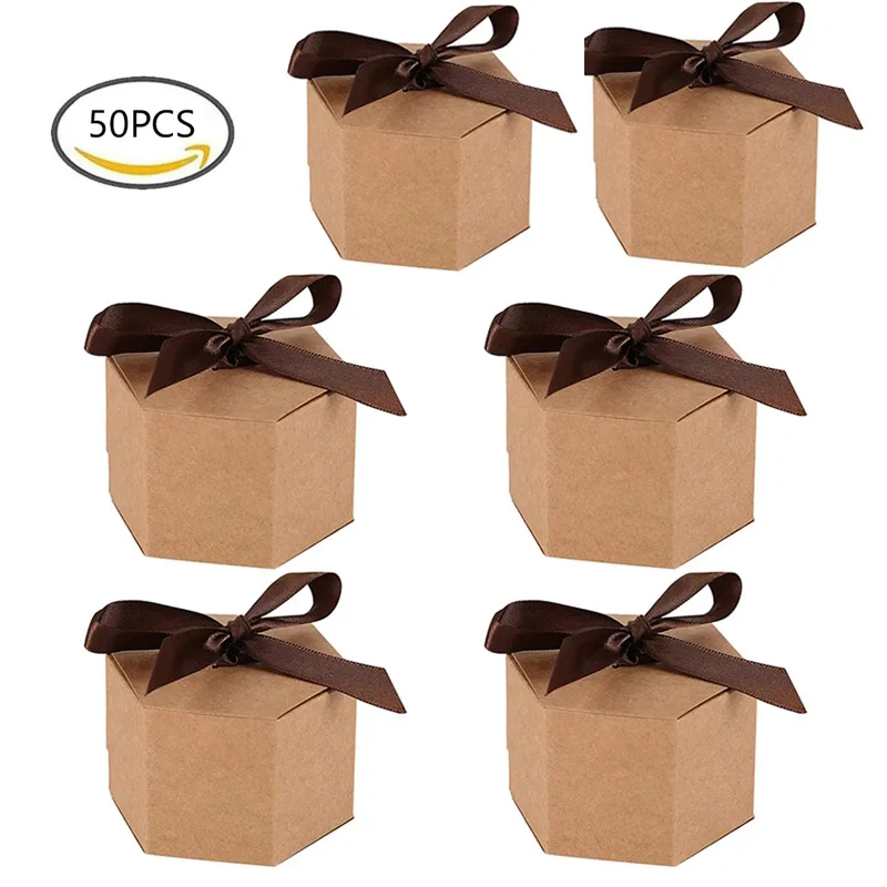 

20/50pcs kraft Paper Gift Box Candy Boxes With Ribbon For Cake Snack Jewelry Packing Box Wedding Decoration Event Party Supplies