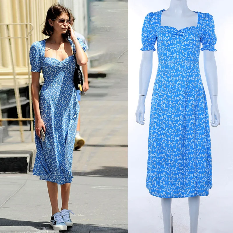 

Sexy Boho Woman Dress Summer Square Collar Floral Print Beach Dresses Ruffles Puff Short Sleeve Bifurcation Sundress Robe