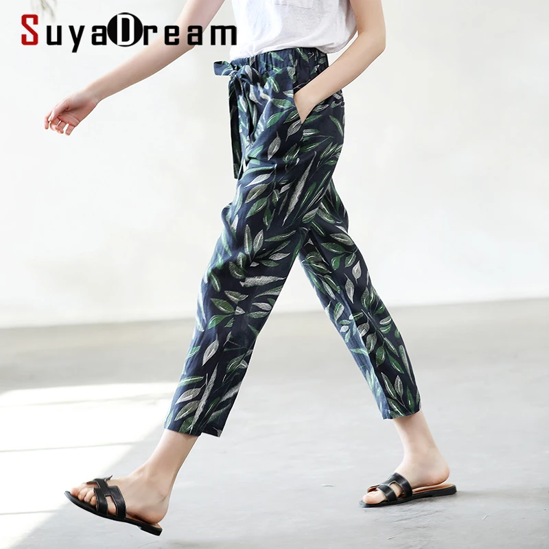 

SUYADREAM Women Pants 100%Linen Printed High Waisted Pants OL Ankle-Length Pants 2022 Office Lady Spring Summer Trousers