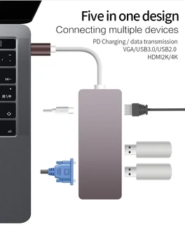 

Thunderbolt 3 Docking USB-C USB3.1 Type C to HDMI 4K VGA USB3.0 USB2.0 HUB USB C PD 5 in1 Adapter for Macbook Pro 2017 2016