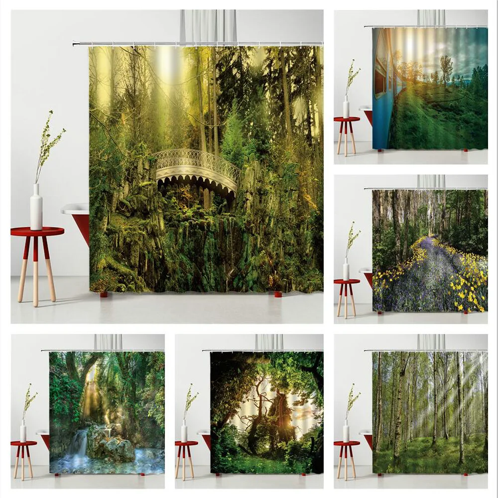 

Landscape Shower Curtain Set Forest Flower Bridge Xiaohe Household Bathroom Bathtub Decoration Waterproof Polyester Fabric