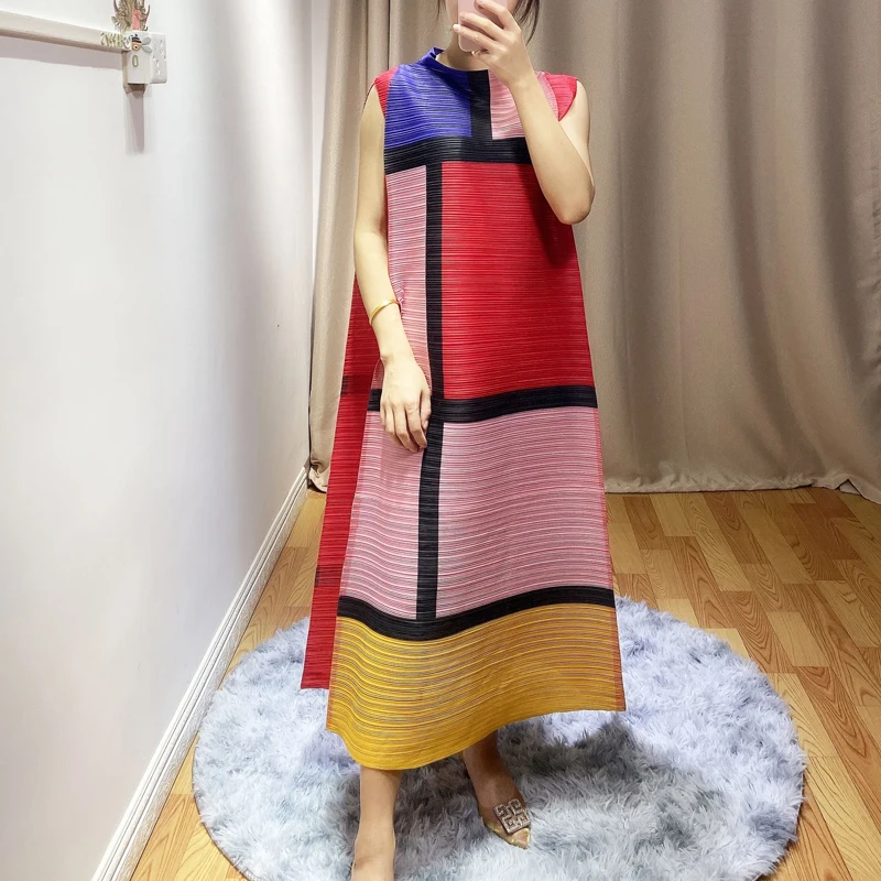 Changpleat летние новые женские платья Miyak плиссированные Модные клетчатые дизайнерские свободные большие размеры стоячий воротник женское платье А-силуэта