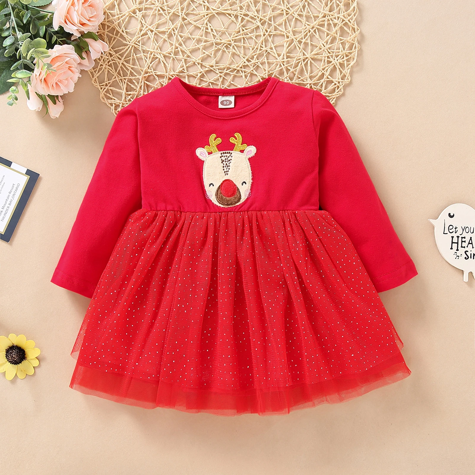 Vestido Rojo para bebé de 18 meses a 4 ciervo, manga larga, tutú de encaje, ropa de princesa para bebé de - AliExpress