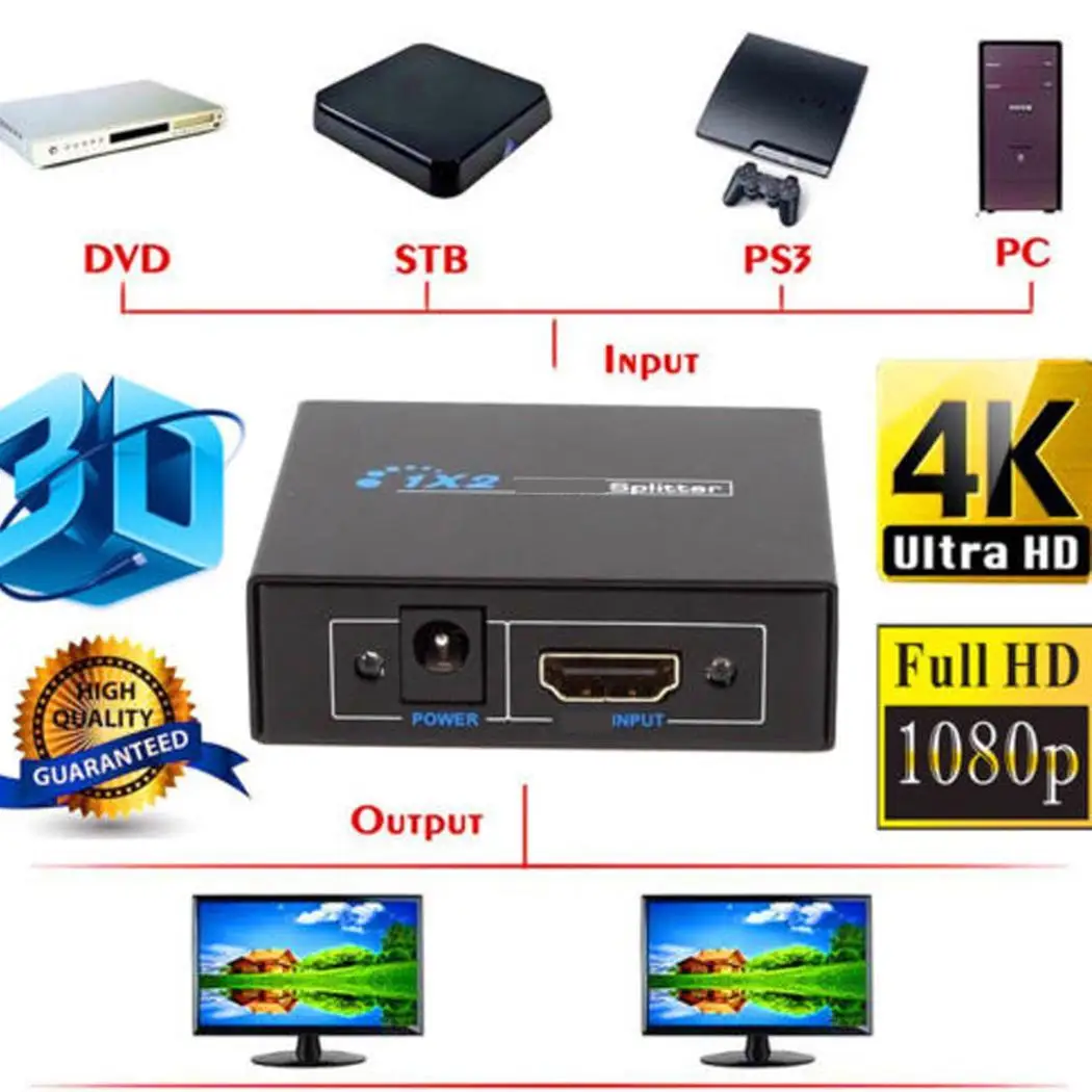 1080p 2 порта Full HD перфоратор концентратор повторитель DC 5 V@ усилитель 1 в 2 480 P/576i/576 P/720 P/1080i/1080 P выход