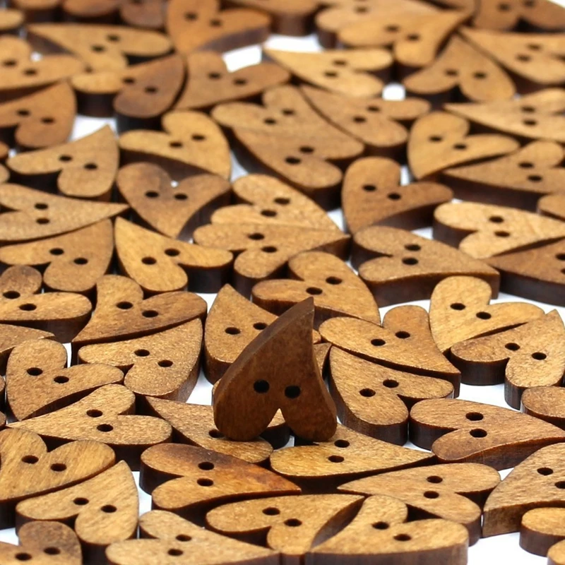HOT-100pcs 2 Holes Lovely Brown Wood Wooden Sewing Heart Shape Button Craft 16*13.5*3mm