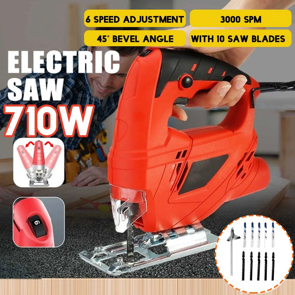 Billige Jig Saw 6 Variable Geschwindigkeit Elektrische Säge Mit 10 Stück Klingen 710W Multifunktionale Jigsaw Elektrische Sägen für Holzbearbeitung Power werkzeug