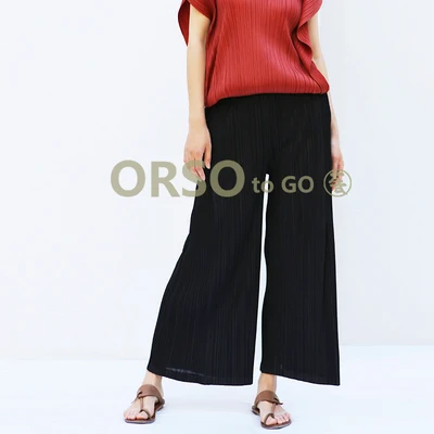 Черный HOT SELLING Miyake fashion solid mid waist wide leg pants pleated pants IN STOCK - Цвет: Черный