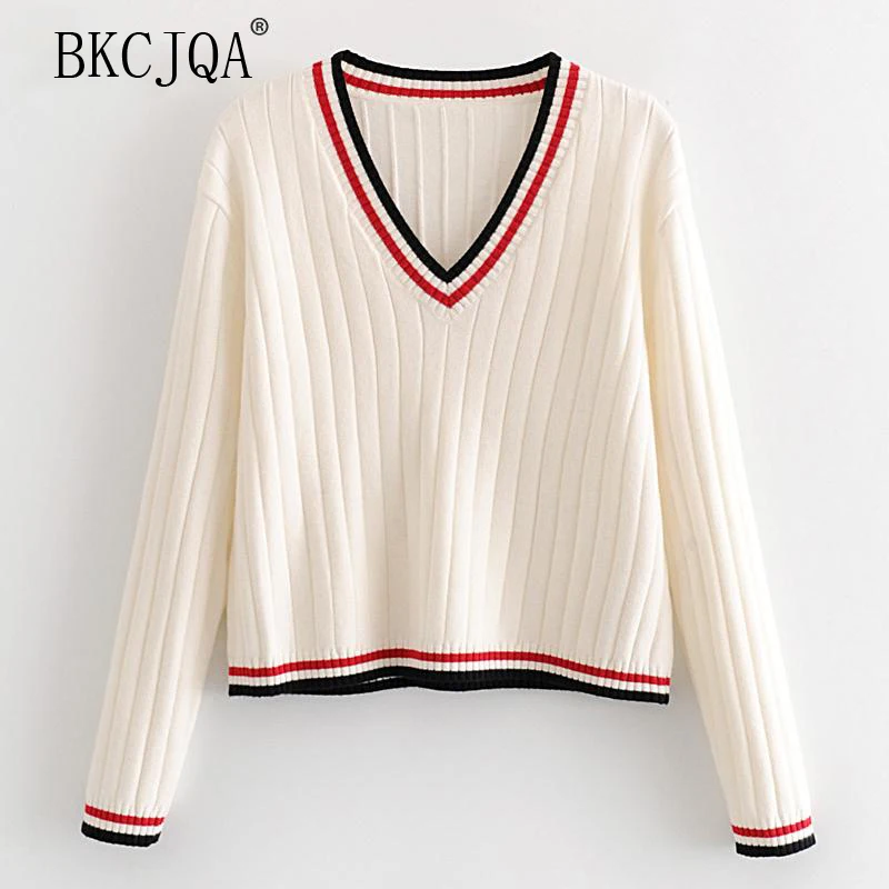 

Winter Clothes Women Sweater Ladies Preppy Style V Neck Striped Autumn Winter Knitted Pullovers Casual Long Sleeve