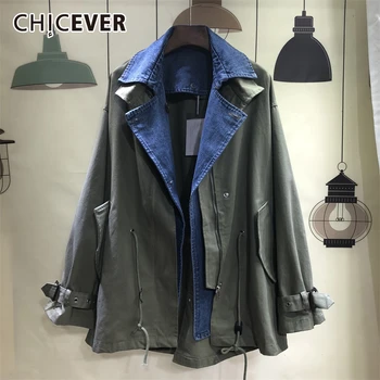 

CHICEVER Korean Patchwork Denim Women's Jacket Lapel Collar Long Sleeve Lace Up Plus Size Casual Coats Female 2020 Autumn New