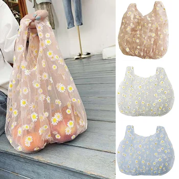 

Spring Women Small Transparent Tote Mesh Cloth Bag Daisy Embroidery Handbag Eco Fruit Bag Purse for Girls