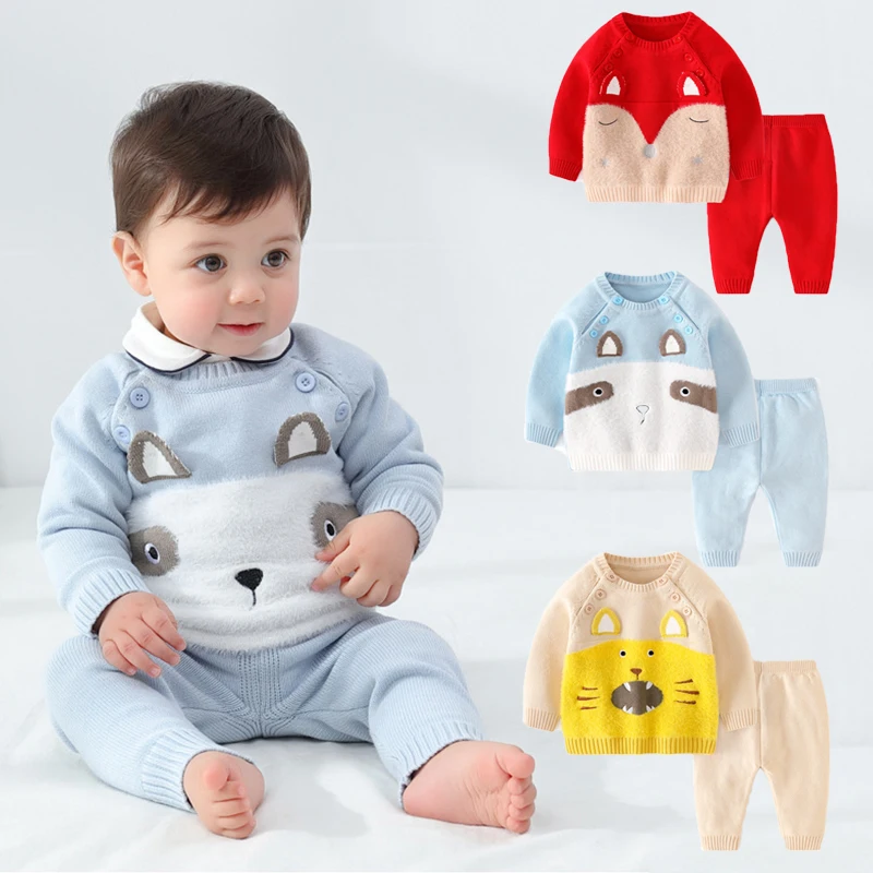 2022 New Autumn Winter Knitted Baby Sets Cotton 2pcs Lovely Animal Pullover Sweaters+Pants Infant Boys Girls Outfit Suits | Детская