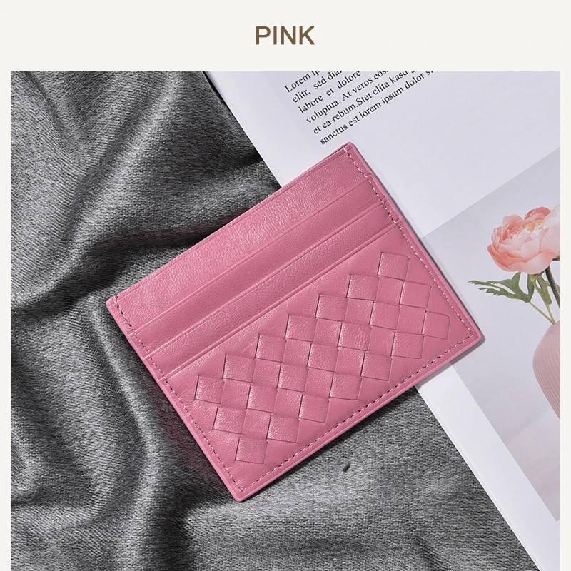 Кожаная мужская ультратонкая брендовая визитная карточка с несколькими отделениями для карт, простая модная женская сумка для карт - Color: Pink