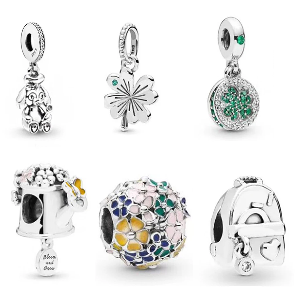 Fit Pandora Bracelets 100% 925 Sterling Silver Flower Green Four Leaf Charm Bead Crystal Women DIY Jewelry Lucky Gifts | Украшения и
