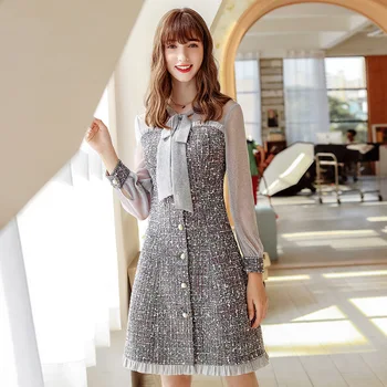 

Autumn and winter 2019 new brand women's single breasted waistband A-line skirt temperament light mature woolen dress