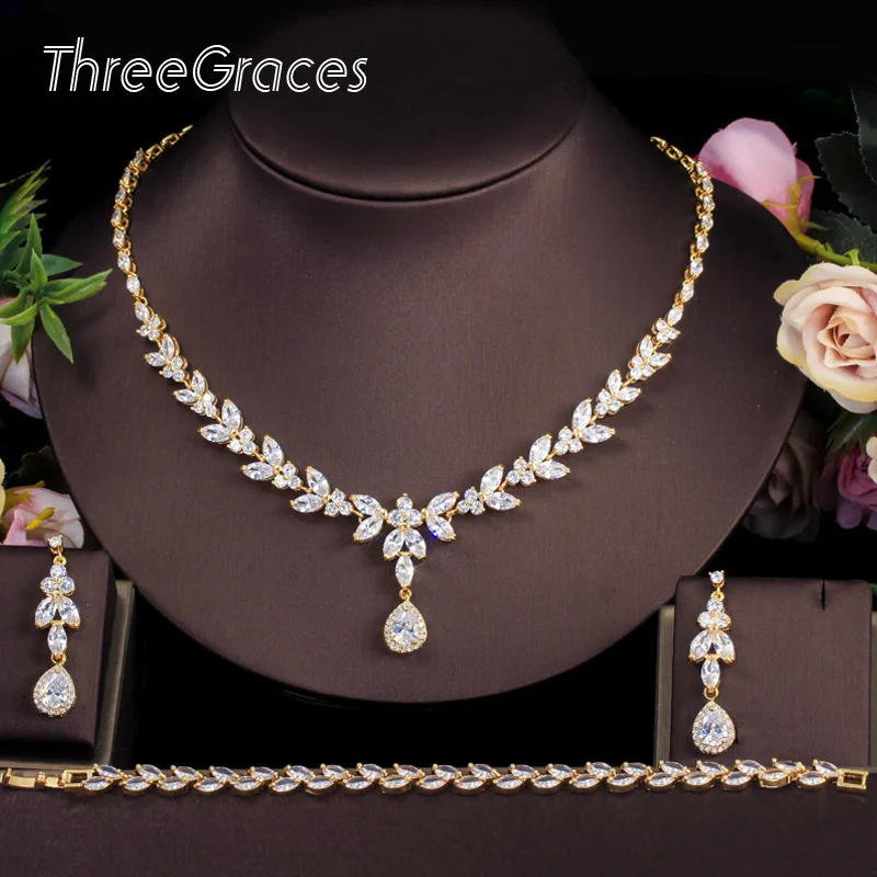ThreeGraces Дубай золото 3 шт. капли воды CZ свадебное ожерелье серьги и браслет Роскошный Выпускной костюм набор украшений для женщин JS629