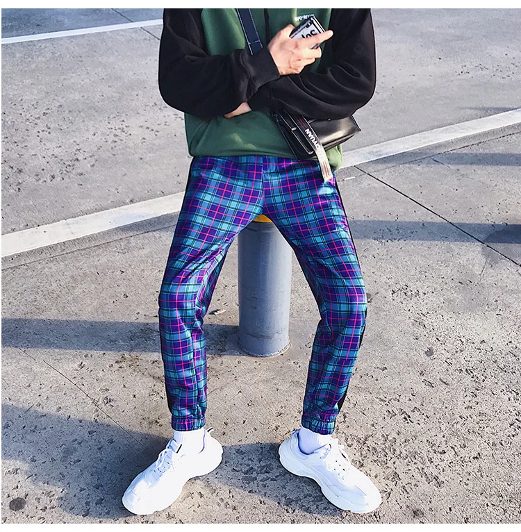Liketkit Мужские штаны для бега, уличная одежда, мужские лоскутные хлопковые синие спортивные штаны в стиле хип-хоп, мужские клетчатые брюки длиной до щиколотки INS