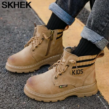 

SKEHK Children Boots Autumn Winter Leather School Boy Shoes Fashion Snow Boots Plush Warm Waterproof Kids Martin Boots
