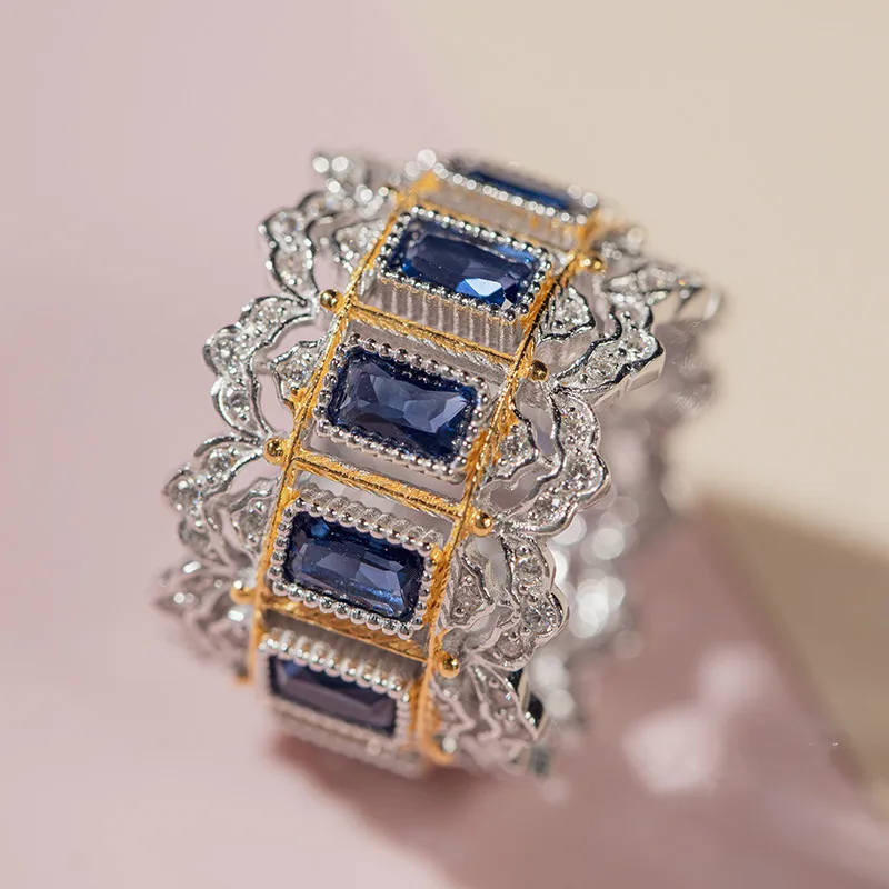 

CMajor S925 Sterling Silver Jewelry Two-tone Luster Silver Vintage Palace Luxury Blue Cubic Zircon Rings Gift For Women