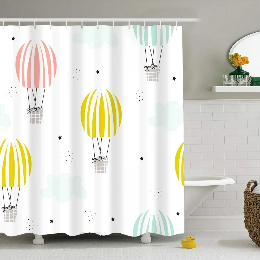 3D Print Durable Waterproof Polyester Shower Curtain with Hooks 1 Piece Hot Air Balloon Bath Curtain Bathroom Decor