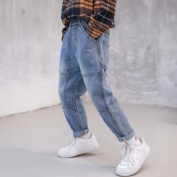 

INS Hot Boys Jeans 4-15 years old Cotton Washed Kids Jeans Personalized Stitching Multi-pocket High Quality Jeans for Baby Boy