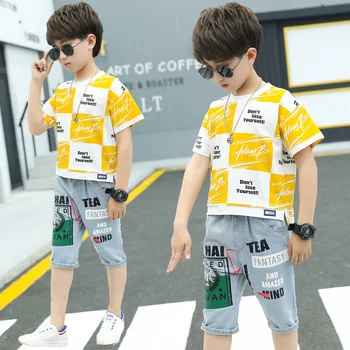 

Children Clothing Summer Boys Clothes T-shirt+Jeans Shorts 2pcs Outfits Kids Clothes For Boys Sport Suit Teen Boys Clothing Sets