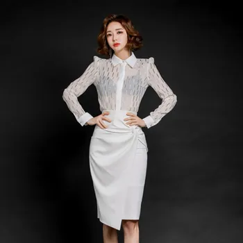 

Summer Women’s Elegant White 2 Pieces Set Single Breasted Sexy Perspective Shirt + High Waist Irregularity Half Body Skirt Set