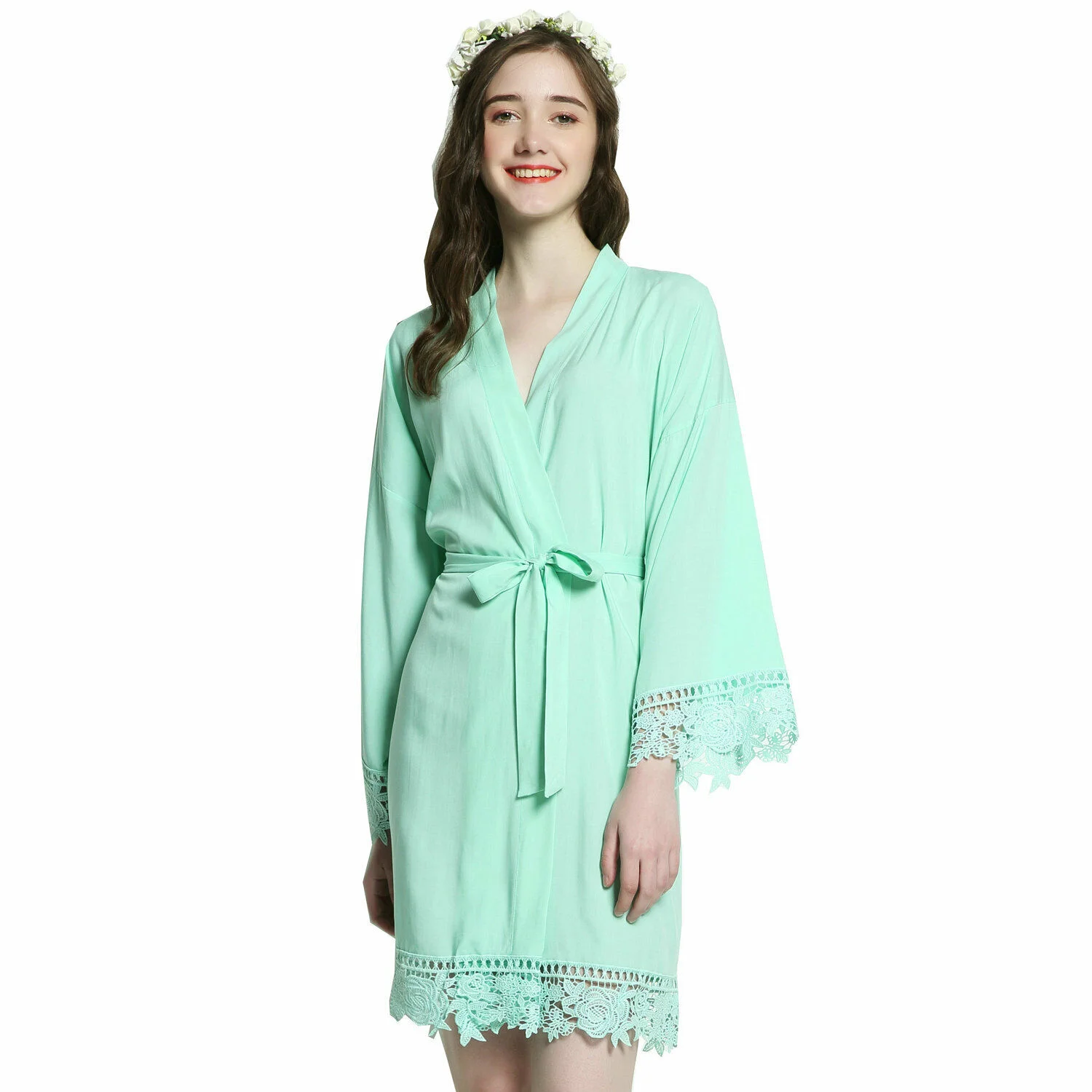 Комплект из 3 предметов для невесты и вискозы; хлопковые халаты и свадебные тапочки; одежда для невесты с кружевной отделкой; большие размеры; женский халат вечерние; - Цвет: mint-Slipper-bride