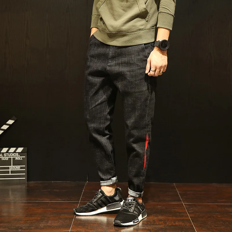 Джинсы мужские стрейчевые свободные потертые плиссированные повседневные