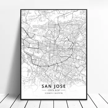 

Black and White San Jose Costa Rica Latitude Longitude Canvas Art Map Poster