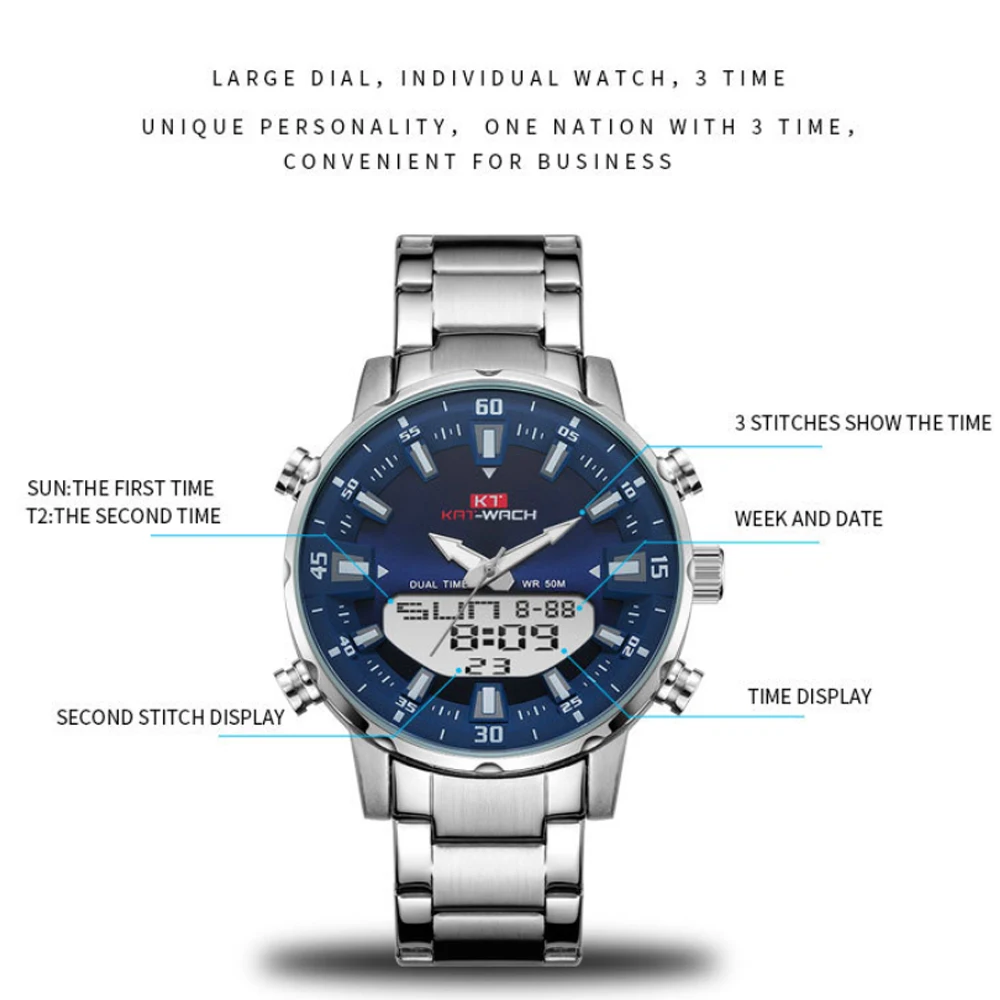 KAT-WACH Брендовые мужские часы спортивные цифровые часы мужские водонепроницаемые стальные военные кварцевые часы для мужчин наручные часы Relogio Masculino