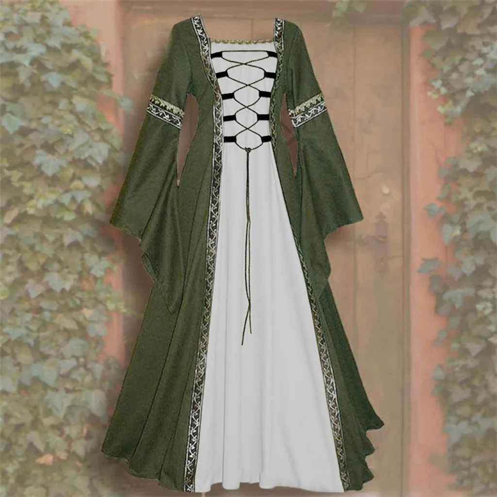 Women Celtic Medieval Floor Length Dress Cosplay Costume Carnival Middle Ages Stage Performance Gothic Court Victoria Dresses Cosplay Costume