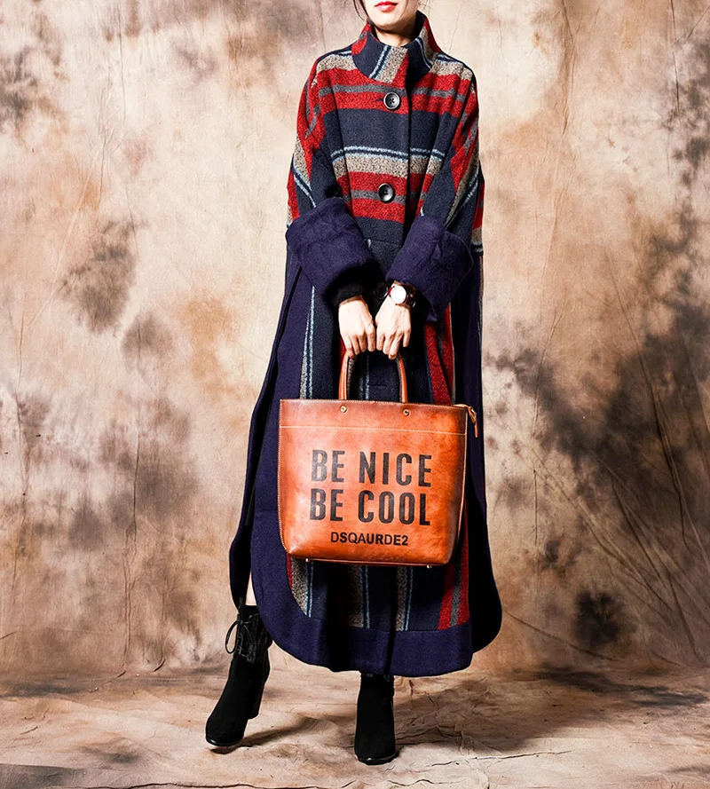 Женское Элегантное зимнее винтажный воротник-стойка полосатое шерстяное пальто модное однобортное модное свободное шерстяное пальто