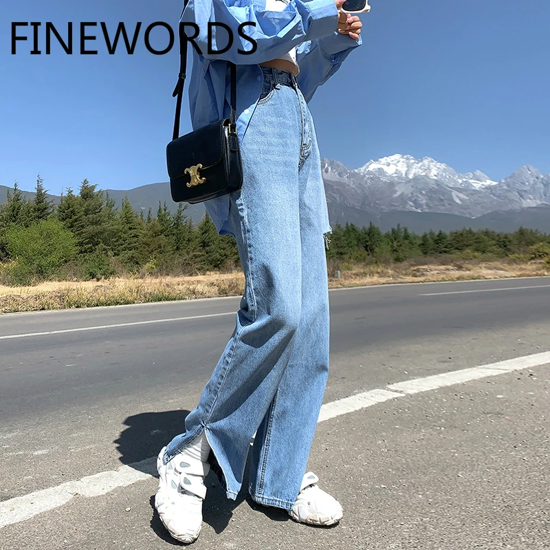 

FINEWORDS New Hem Side Split Korean Jeans Woman High Waist Loose Ripped Straight Jeans Vintage Casual Plus Size Denim Hot Pants