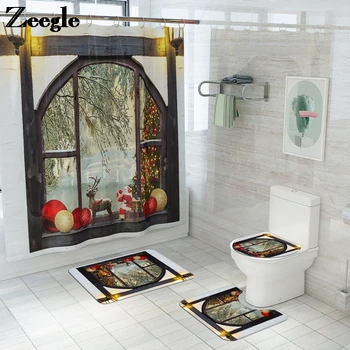 

Landscape Printing Bath Mat and Shower Curtain Set for Toilet Carpet Non Slip Bathroom Absorbent Rug Machine Made
