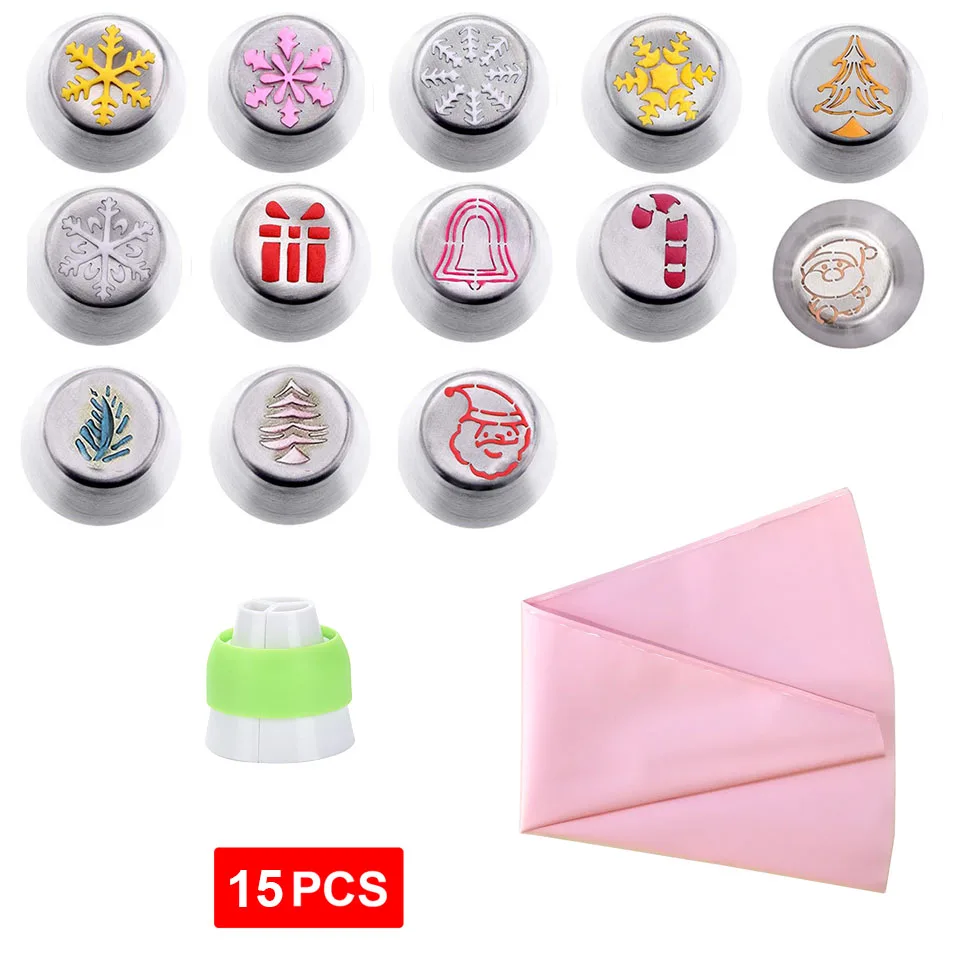 15 Pcs pink 6-18Pcs Stainless Steel Pastry Nozzles for Cream with Pastry Bag Christmas Icing Piping Nozzles Cake Decorating Pastry Tools - Цвет: 15 Pcs pink