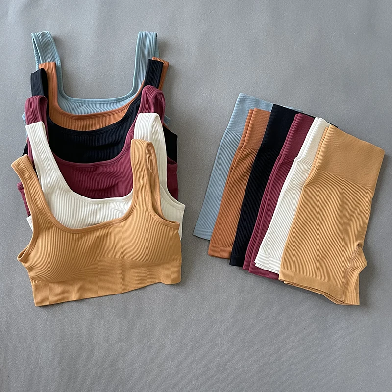 Yoga Set Women Sporstwear Seamless Sexy Square Collar Sport Bra Tops Suits Shorts Gym Fitness Clothing Sleeveless Tracksuit