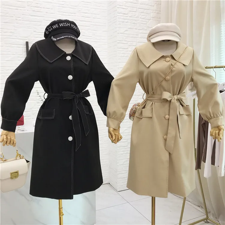 Женское длинное пальто с кукольным воротником, осень, новое корейское модное свободное однобортное пальто со шнуровкой, пальто для женщин